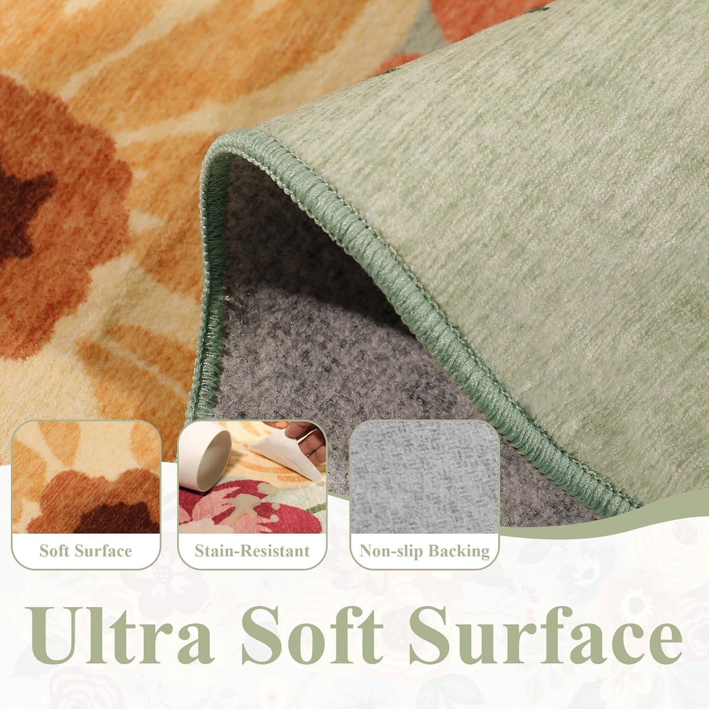 DUKINO 2x6 Runner Rug for Hallway, Washable Kitchen Rug with Non Slip Backing & Non-Shediing, Soft Low Pile Floral Design Runner for Bedroom, Kithchen, Living Room, Laundry, Bathroom, Green