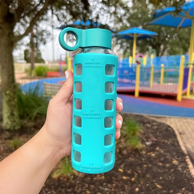 purifyou Reusable Produce Bags S9 (XL, L, S), 14.5" Stainless Straws S5 with Silicone Tips for Stanley Tumbler, Glass Water Bottles 12oz with Volume & Times, Silicone Sleeve in Aqua Blue.