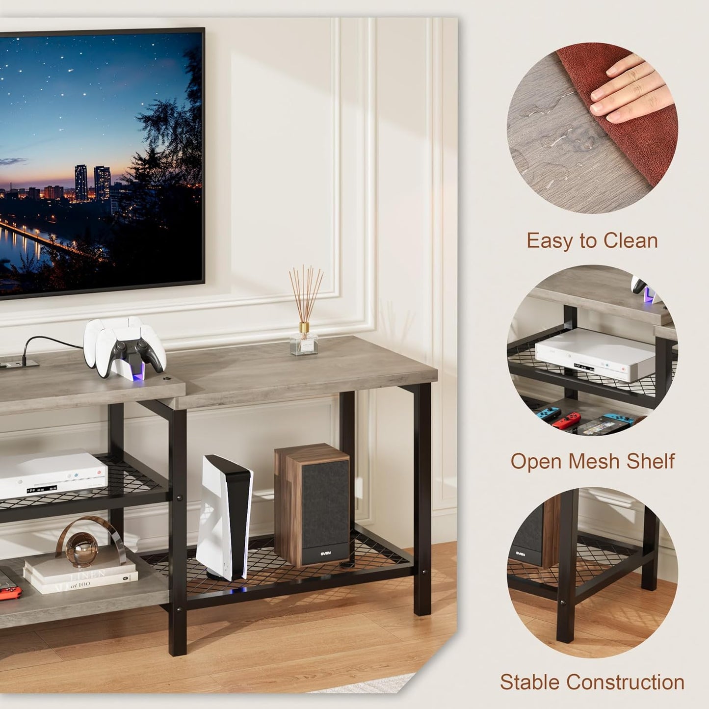 GarveeHome TV Stand with LED Lights for 55/65/75 Inch TV, 67 Inch Large Entertainment Center with Power Outlets, Media Console for Living Room, Bedroom, Grey