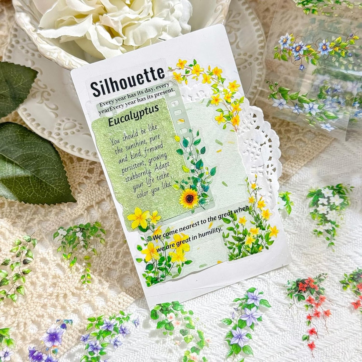 Misty Island Florals PET Pre-Cut Floral Tape Set - 6 Rolls Clear Flower Sticker Strips + 1 Clip for Scrapbook Journals Junk Journal Coastal Cottage DIY Décor