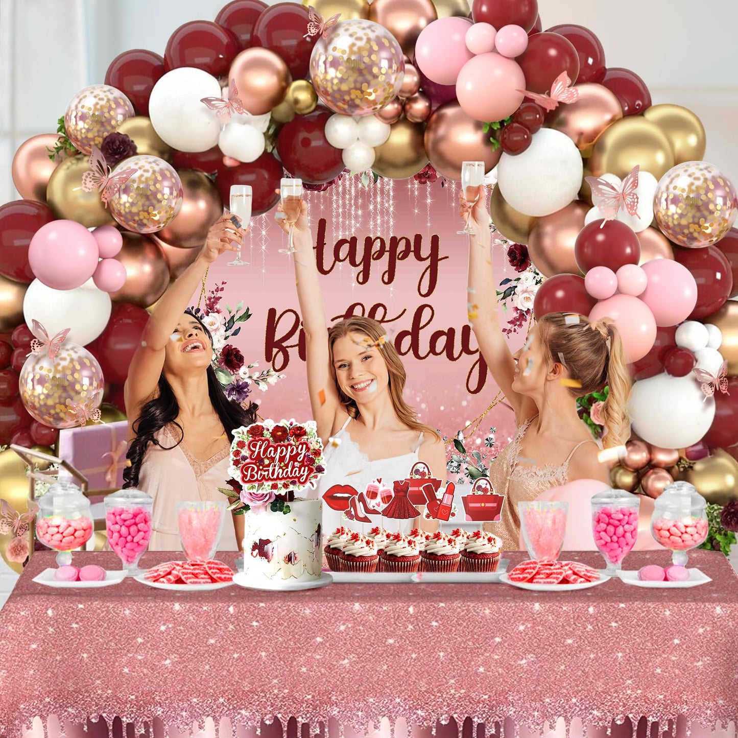 167Pcs Happy Birthday Decorations for Women with Butterfly Sticker Cupcake Toppers, Burgundy Balloon Arch Kit Maroon Rose Gold Balloons Backdrop Tablecloth Floral Burgundy Birthday Party Supplies