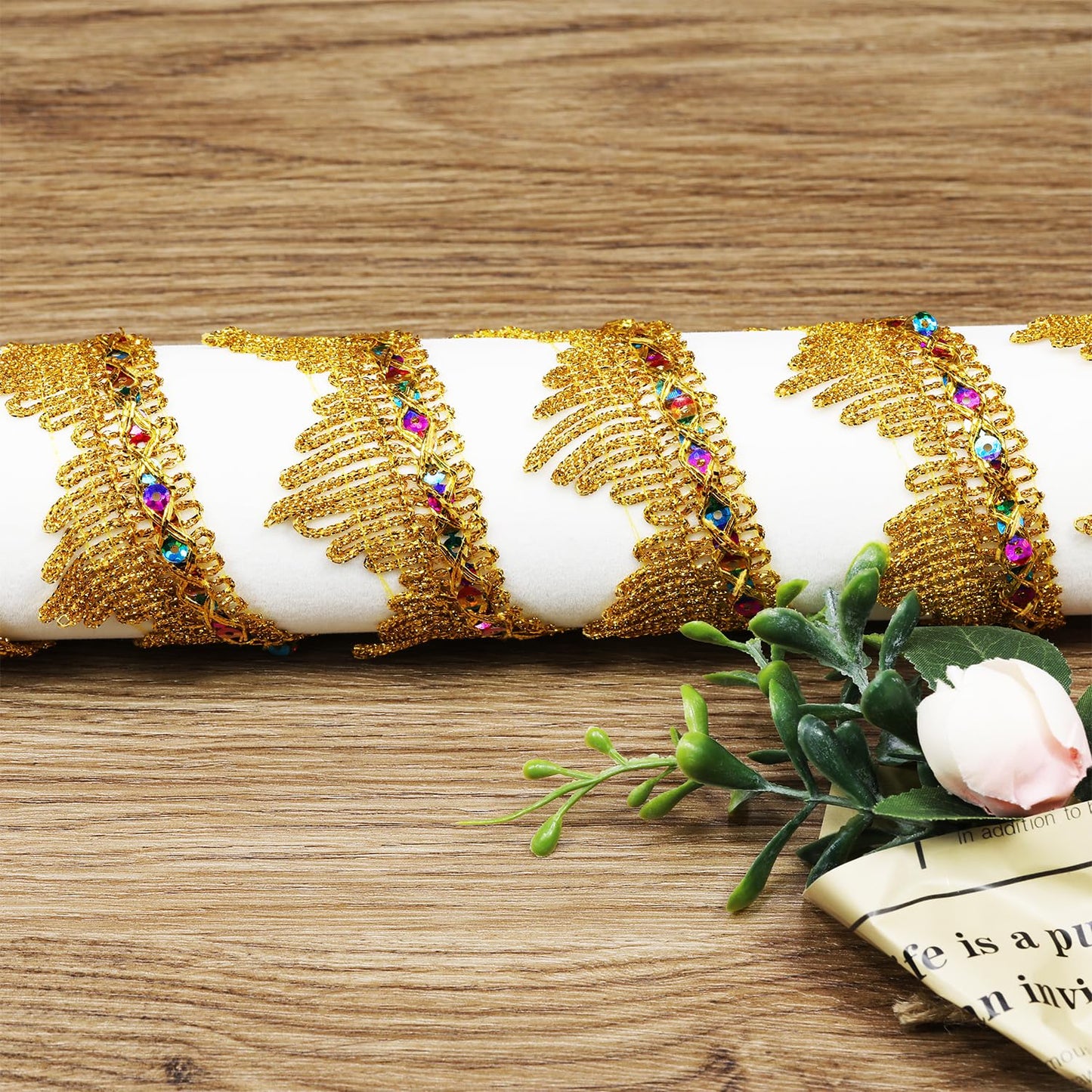 Length14 Yards,Width4cm/1.97Inch, Gold Sequin lace Trim Craft Ribbon Decorated Gimp Trim for Wedding Bridal, Performance Costumes or Jewelry, Crafts and Sewing ( Gold Sequin)