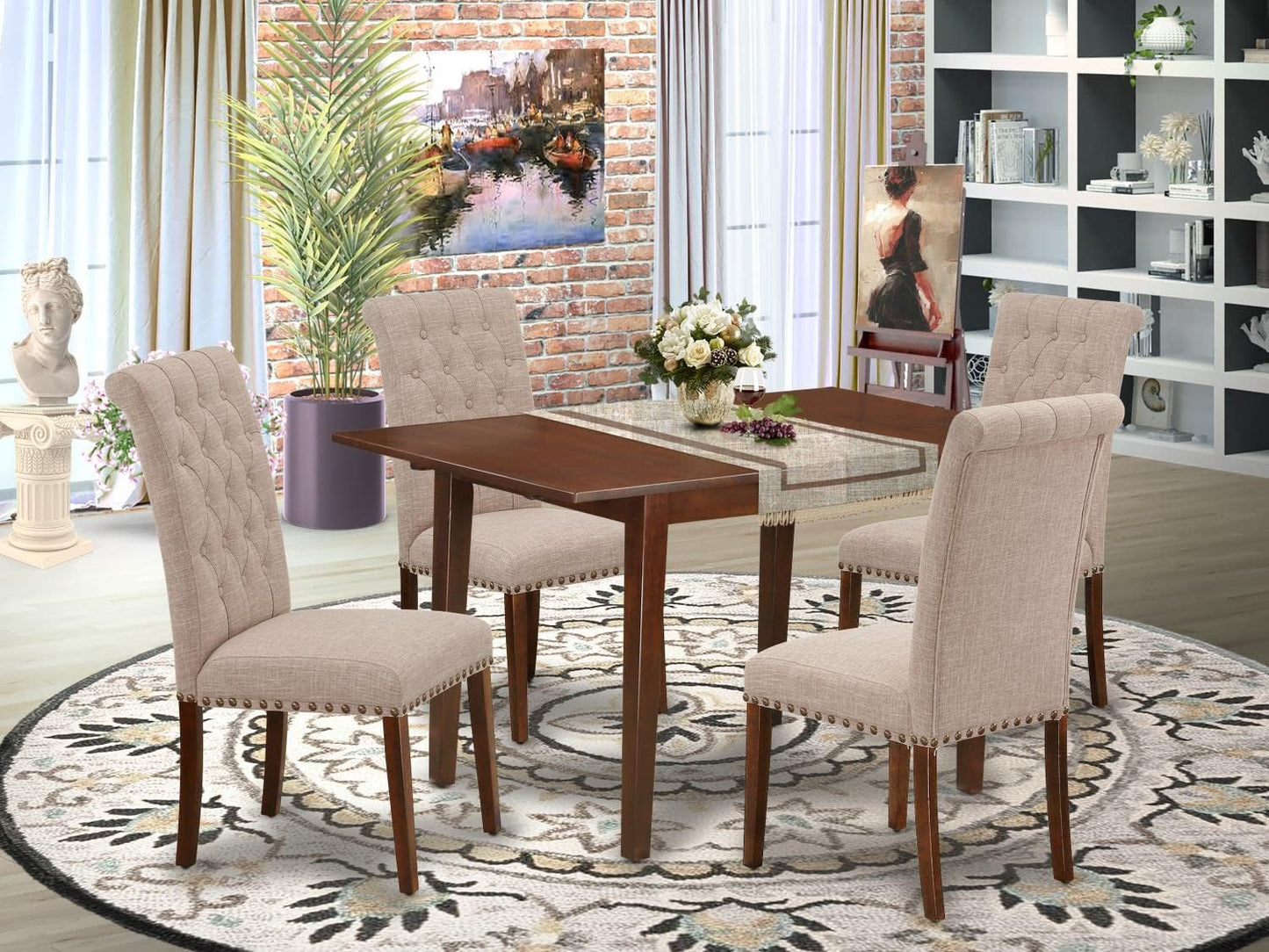 East West Furniture NOBR5-MAH-04 5 Piece Dinette Set Includes a Rectangle Dining Room Table with Butterfly Leaf and 4 Light Tan Linen Fabric Upholstered Chairs, 32x54 Inch, Mahogany