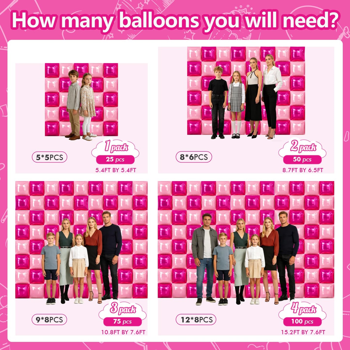 NISOCY 25PCS Hot Magenta Pink Square Foil Balloons Wall Backdrop Double Sided Metallic Pink Balloons Arch Kit for Galentines Valentines Day Bachelorette Birthday Engagement Bridal Party Decorations