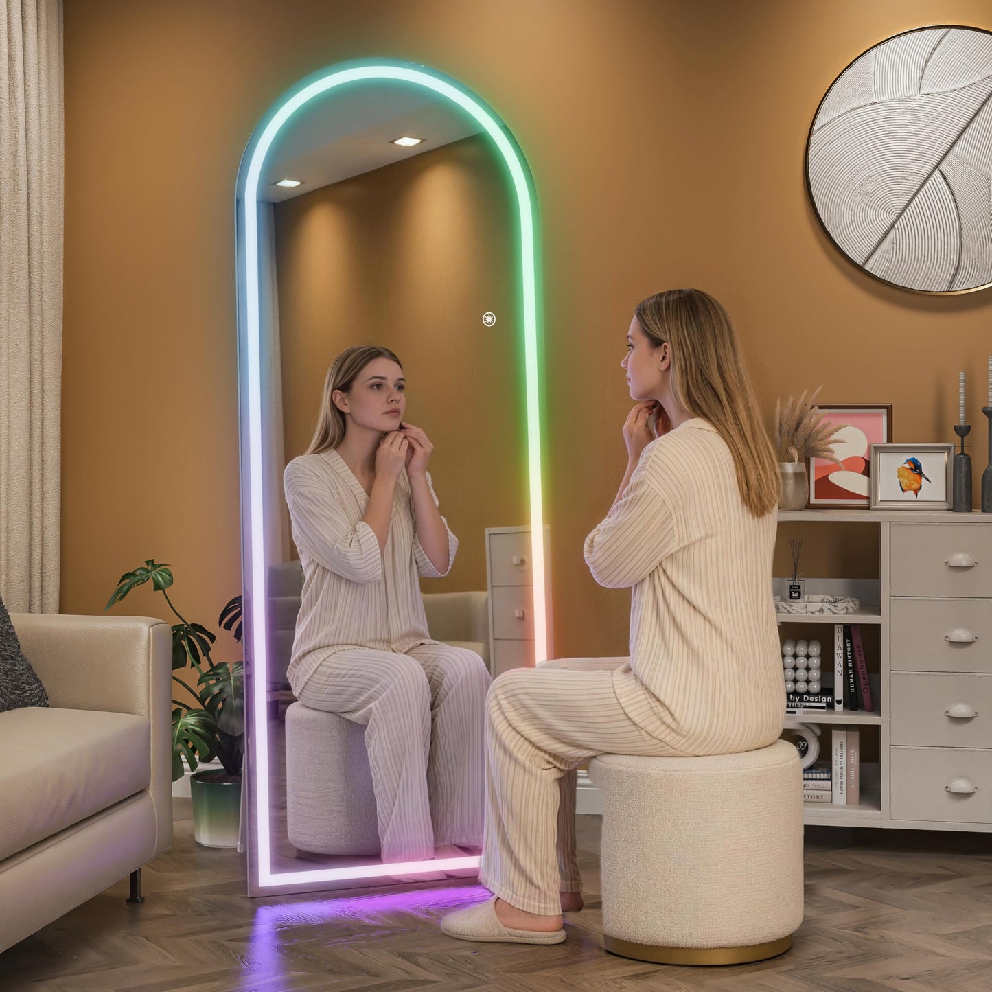Hasipu Arch Full Length Mirror 95 x 40 in with Stand — Arch LED RGB Full Body Mirror, 7 Lighting Modes, Dimmable, Built‑in Bluetooth Speaker, White Frame for Bedroom Dressing Room