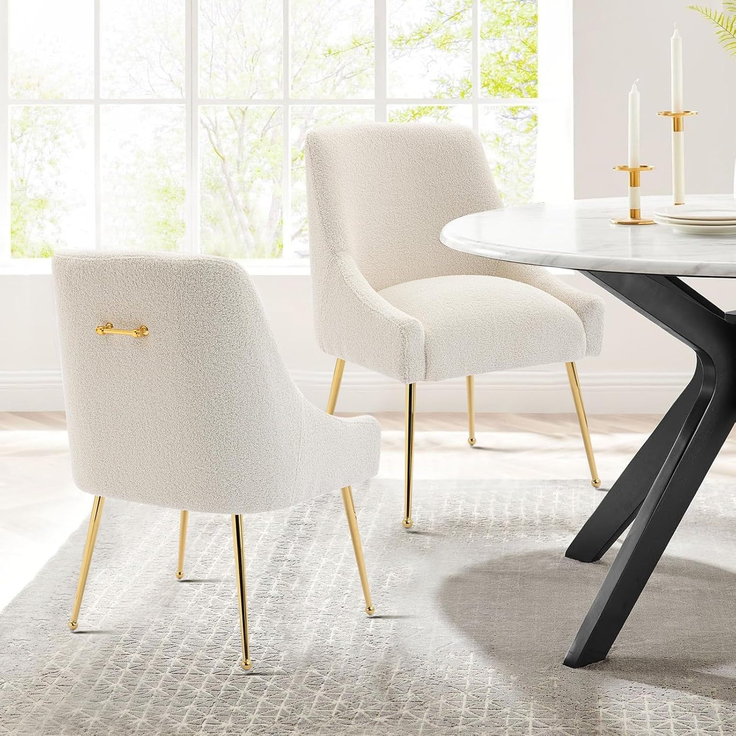 Modern Velvet Dining Chairs Set of 4, Contemporary Upholstered Furniture Collection with Polished Gold Metal Legs, Elegant Accent Chairs for Kitchen Living Room(Teddy Fleece,Beige)
