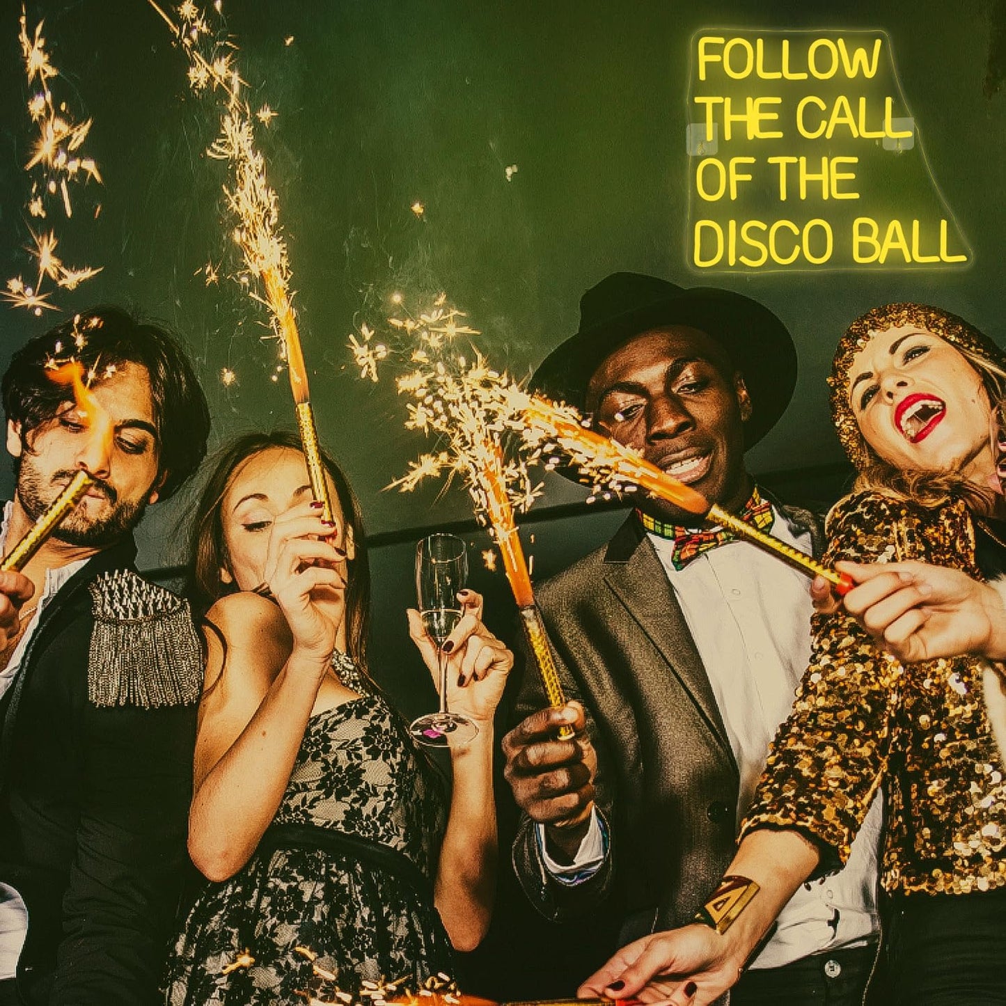 NOSUN Follow The Call of The Disco Ball Neon Sign,Neon Signs for Wall Decor Yellow Neon Sign,Dimmable Disco Neon Lights for Disco Party Decor Neon Signs Letter Led Lights for Dancing Club Wall Decor
