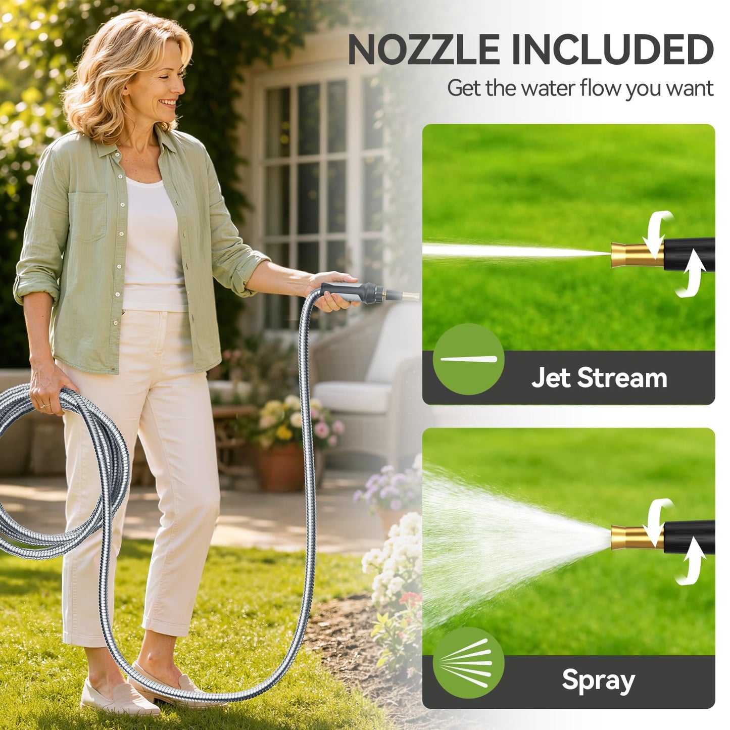 SPECILITE Expandable Garden Hose 100 FT, 304 Stainless Steel Heavy Duty Metal Water Pipe with Adjustable Nozzle - Flexible, Kink Free, Leak-Proof, Lightweight, for Outdoor, Yard, Lawn, Car Washing