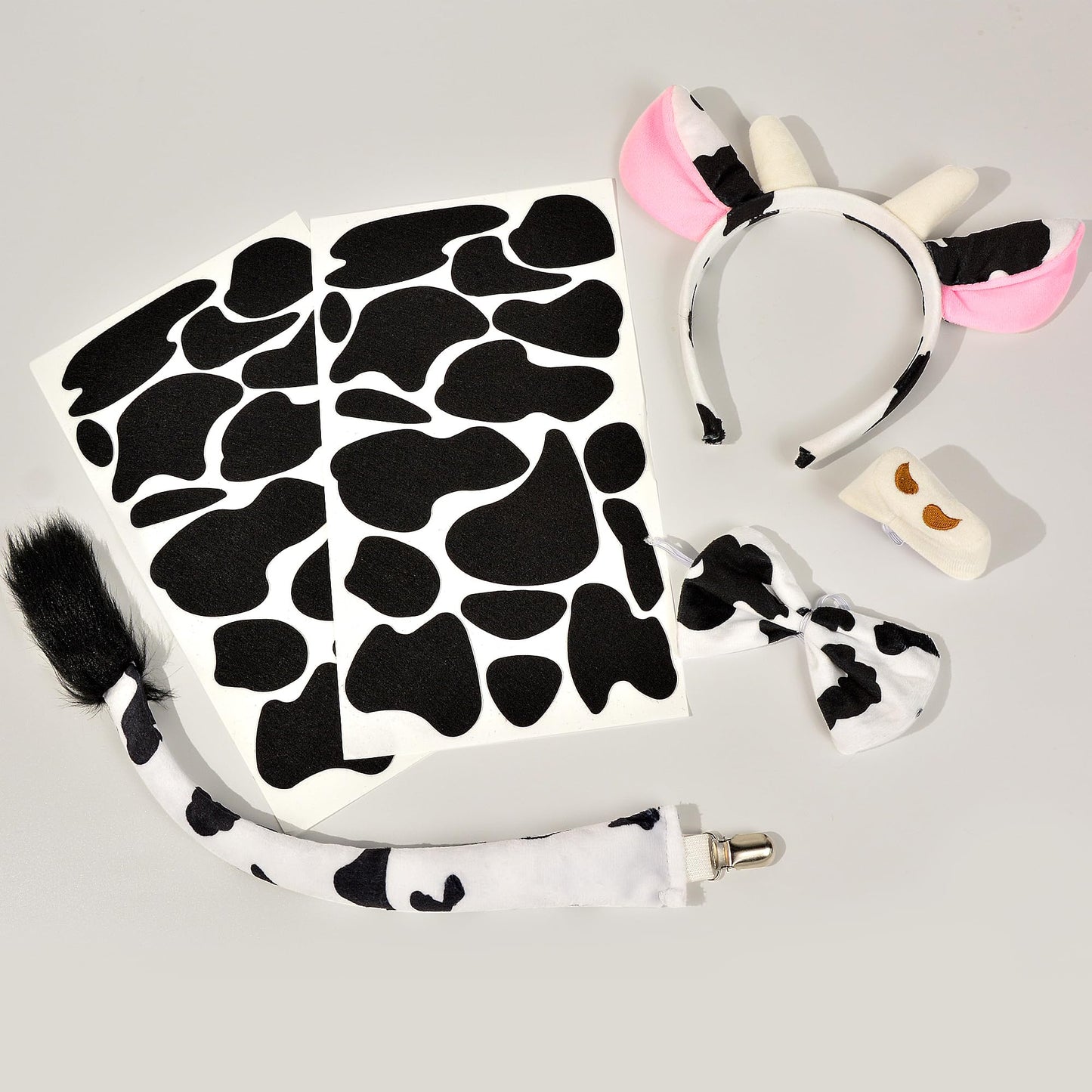U-Zomir Cow Costume Set, Cow Ears Headband Nose Bow Tie Tail and 34pcs Adhesive Felt Pads Stickers for Halloween Cosplay DIY Dress Up (Pink)