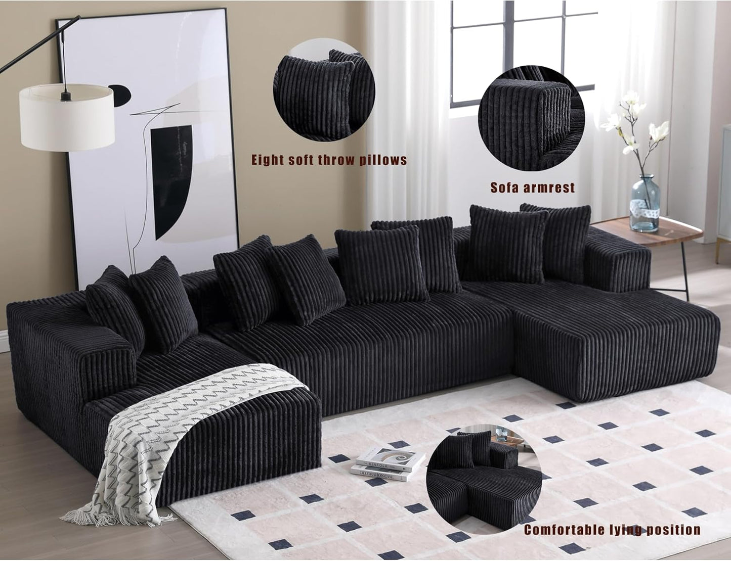 Eafurn Free Combination Cloud Boneless Modular Sectional Sofa with Chaise Lounge,Modern Minimalist Upholstered Couches, Oversized U Shaped Lounge Sofa Couch w/ 8 Pillows