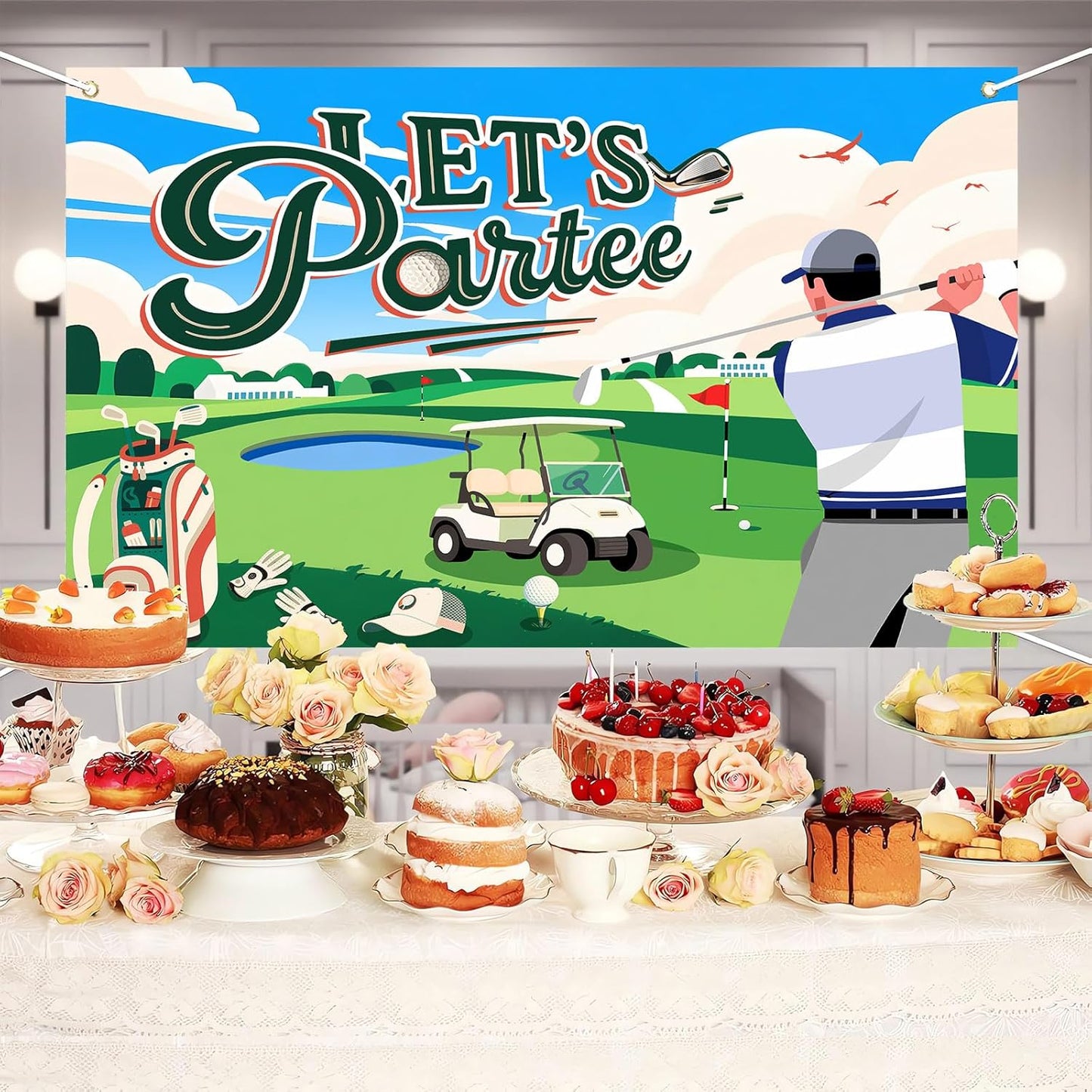 Let's Partee Golf Theme for Birthday Backdrop Green Grass Club Sports Grounds Photo Background Adult Kids Golf Birthday Party Decorations Banner Photo Booth Studio Props 9X6ft