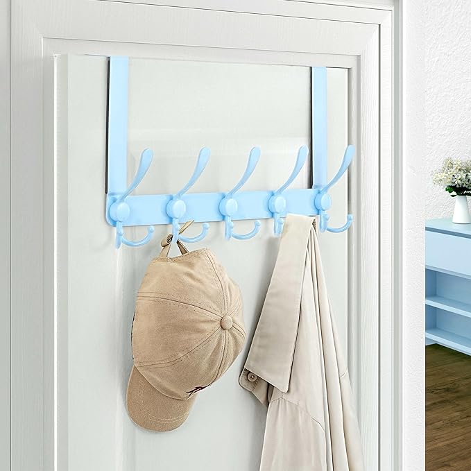 Dseap Over The Door Hook Hanger - 5 Tri Hooks, Heavy Duty Over The Door Towel Rack Coat Rack for Clothes Hat Towel, Blue, 2 Packs