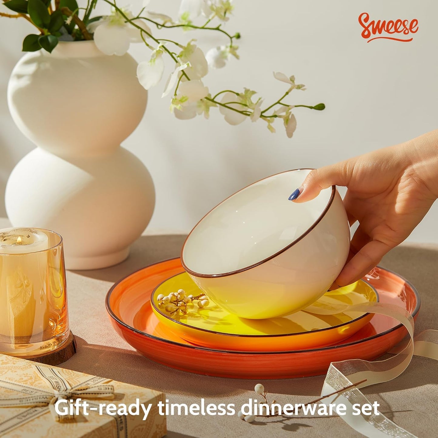 Sweese Plates and Bowls Sets, 18 Piece Dinnerware Set Porcelain Round Dinner Set for 6, Scratch Resistant Dishes Set, Dishwasher Oven Microwave Safe Handpainted Swirl Dishware Sets, Assorted Colors