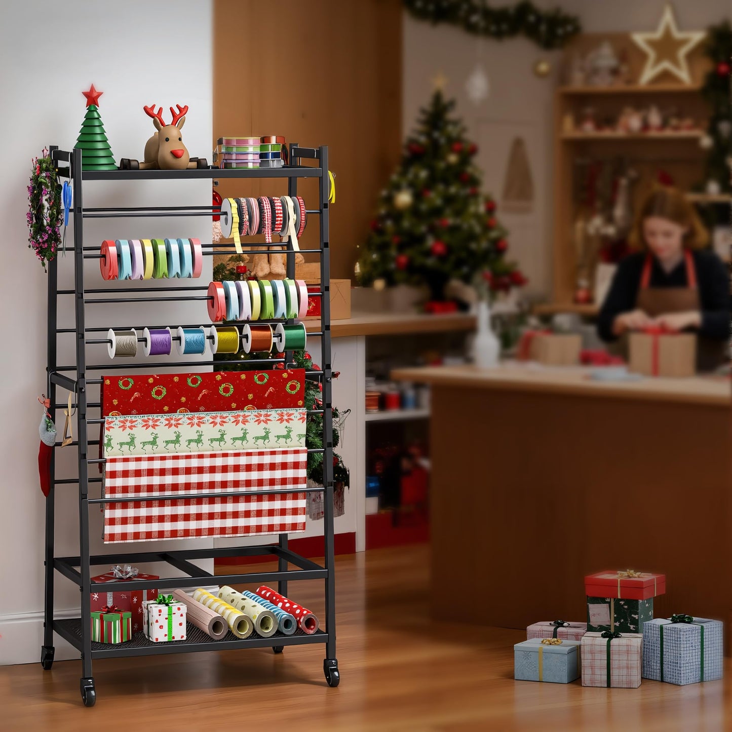 yeshine Ribbon Organizer for Craft Room, Rolling Ribbon Holder, Double-Sided Ribbon Holder Organizer Rack, Metal Craft Christmas Gift Wrapping Paper Holder, Large Capacity Ribbon Storage Rack