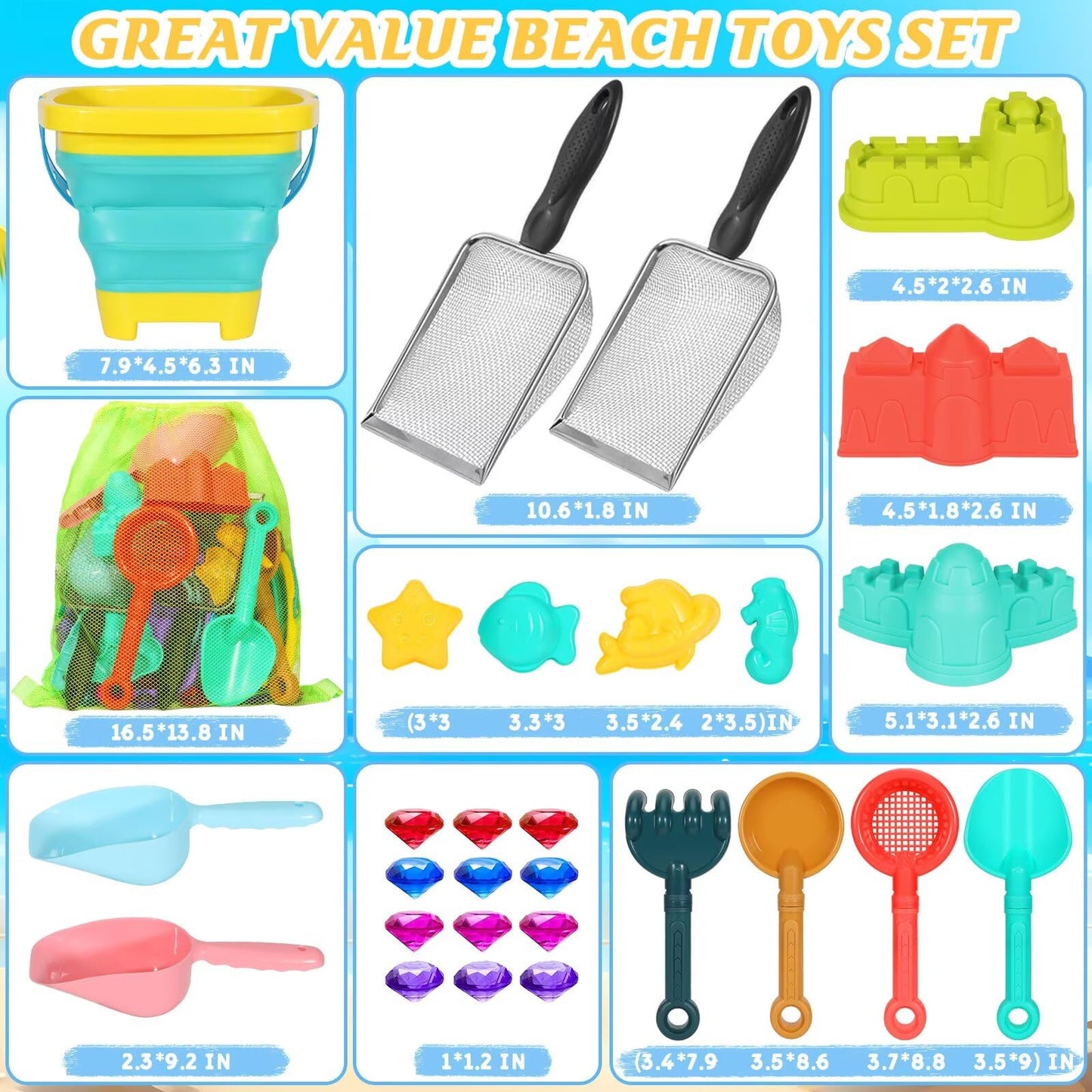 Beach Sand Toys for Kids,Sand toys with 2 Collapsible Beach Bucket,2 Beach Sifter Shovel,Sand Shovel Set,Sand Castle Kit,Sea Animal Molds,Diving Gem Pool Toy,Mesh Bag Travel Toys for Toddler 3-10