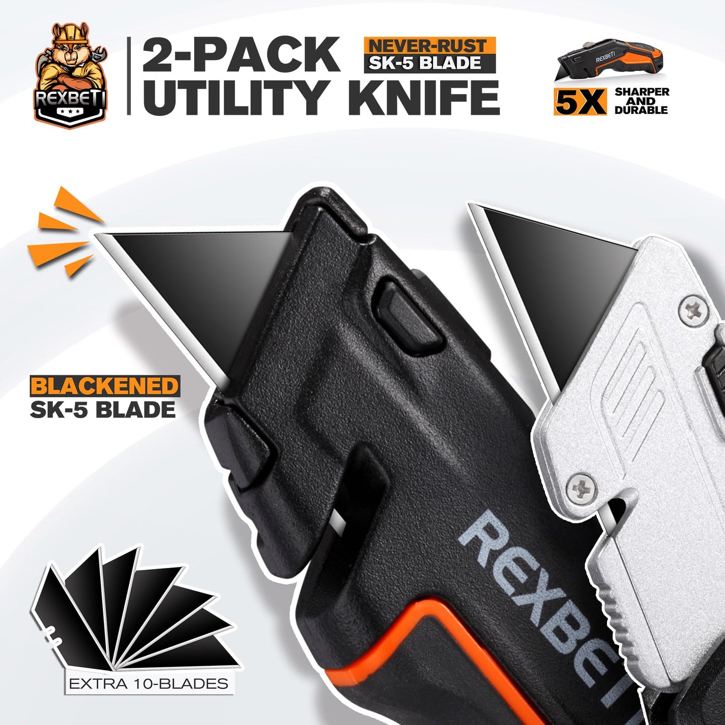 REXBETI 2-Pack Utility Knife, SK5 Heavy Duty Retractable Box Cutter for Cartons, Cardboard and Boxes, Blade Storage Design, Extra 10 Blades Included(Total 18 Blades)