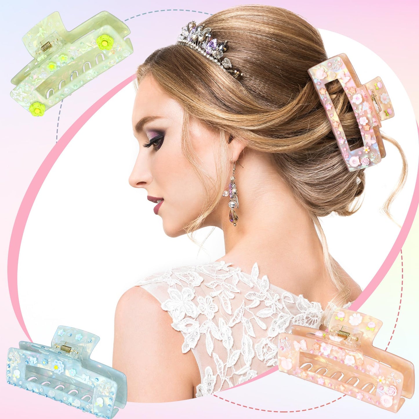 Suncalla 6 Set DIY Hair Claw Clips Kit Acrylic Claw Clip with Resin Rhinestones Pearls Hair Clips with Strong Hold Non-slip Banana Barrettes for Women Party Crafting Night DIY(Rectangle)