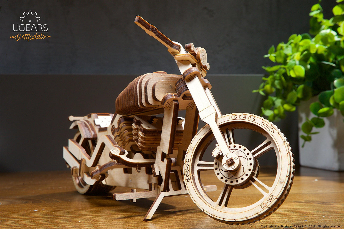 UGEARS Bike DIY Kit – Wooden Mechanical Motorcycle Project – Bike VM-02 Rubber Band Engine – for Vehicle Passionate and Bikers – Plywood Model with Wide Back Wheel – Refined Gift Idea
