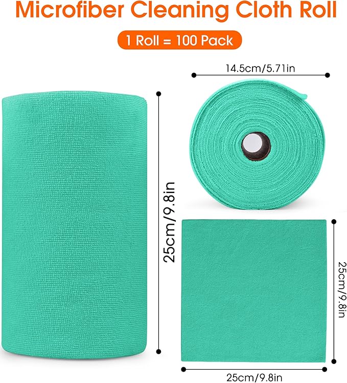 Microfiber Cleaning Cloth Roll–100 Pack, Tear Away Microfiber Towels, Reusable, Washable, Scratch-Free, Kitchen Towels for Car, Home, Kitchen, Glass, Dishes (Malachite Green)