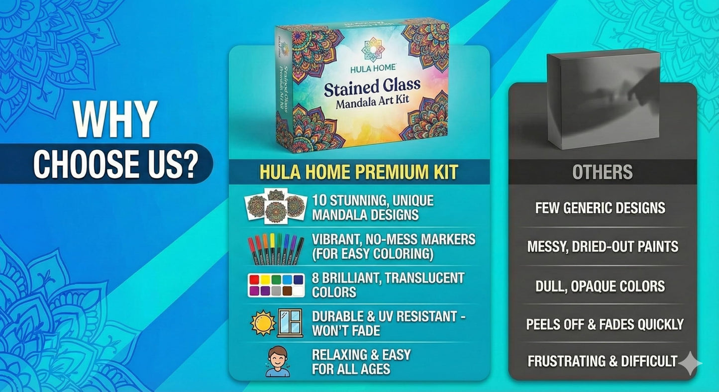 Hula Home Stained Glass Mandala Art Kit - DIY Window Clings with Markers, 10 Suncatchers - Perfect Hobby for Adults, Kids, Teens & Seniors - Ideal Gift for Beginners, Women & Elderly