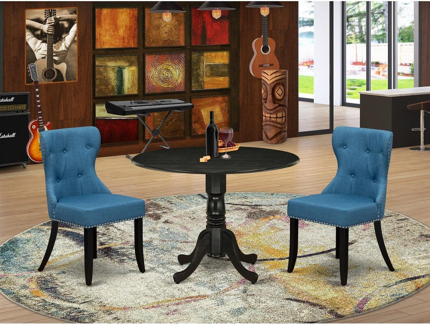 East West Furniture DLSI3-ABK-21 3 Piece Modern Dining Table Set Contains a Round Wooden Table with Dropleaf and 2 Blue Linen Fabric Upholstered Parson Chairs, 42x42 Inch, Wirebrushed Black