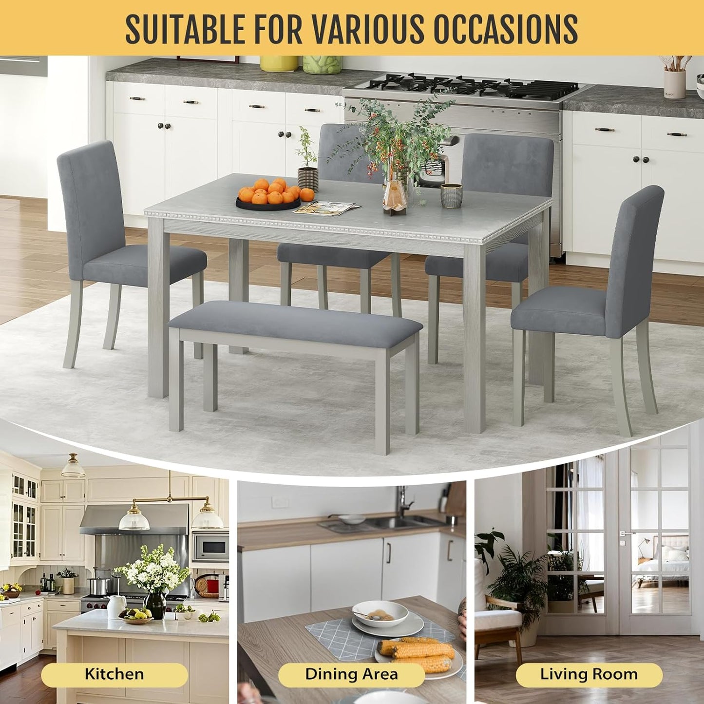 6-Piece Solid Wood Dining Table Set, Including 1 Dining Table, 4 Upholstered Chairs and 1 Bench, Wooden Dining Table Set with Crystal Decoration for Kitchen, Dining Room, Silver Grey