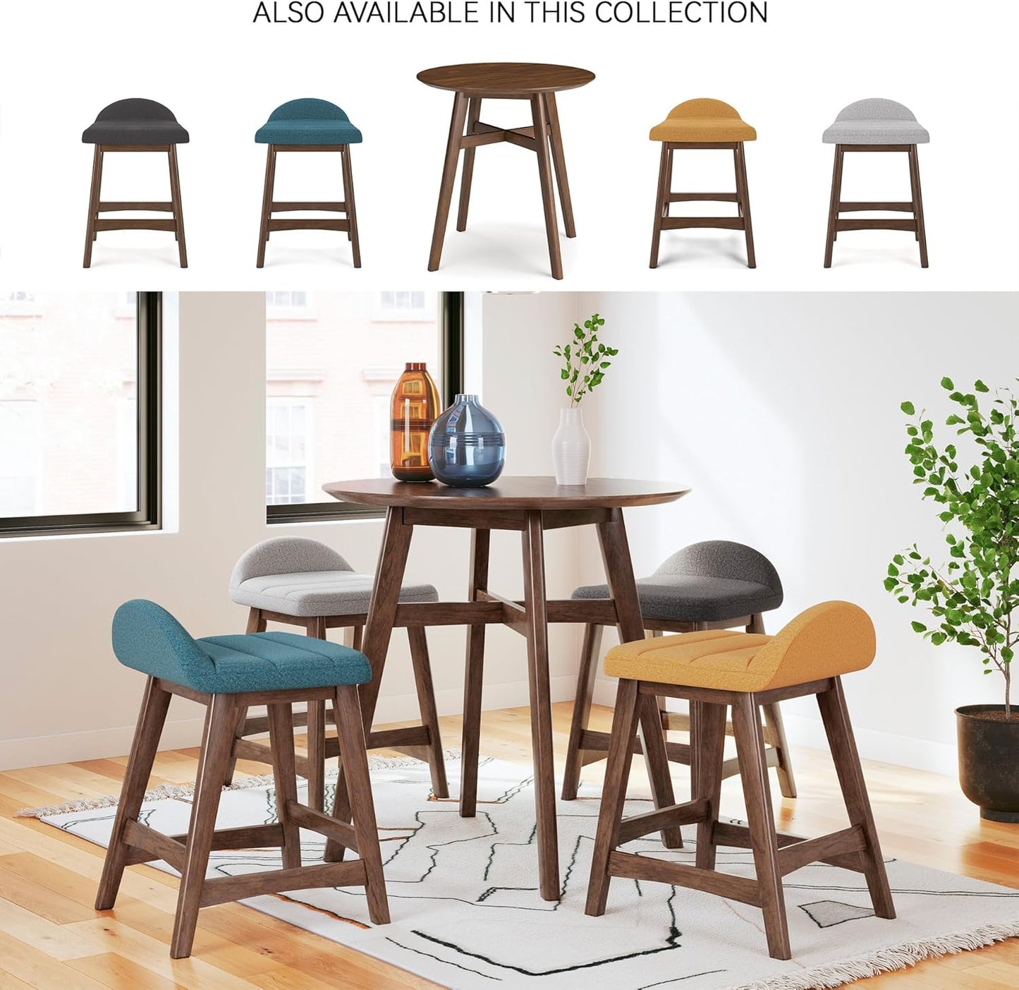 Signature Design by Ashley Lyncott Contemporary 28.5" Counter Height Upholstered Bar Stool with Foam Cushion, 2 Count, Blue & Brown