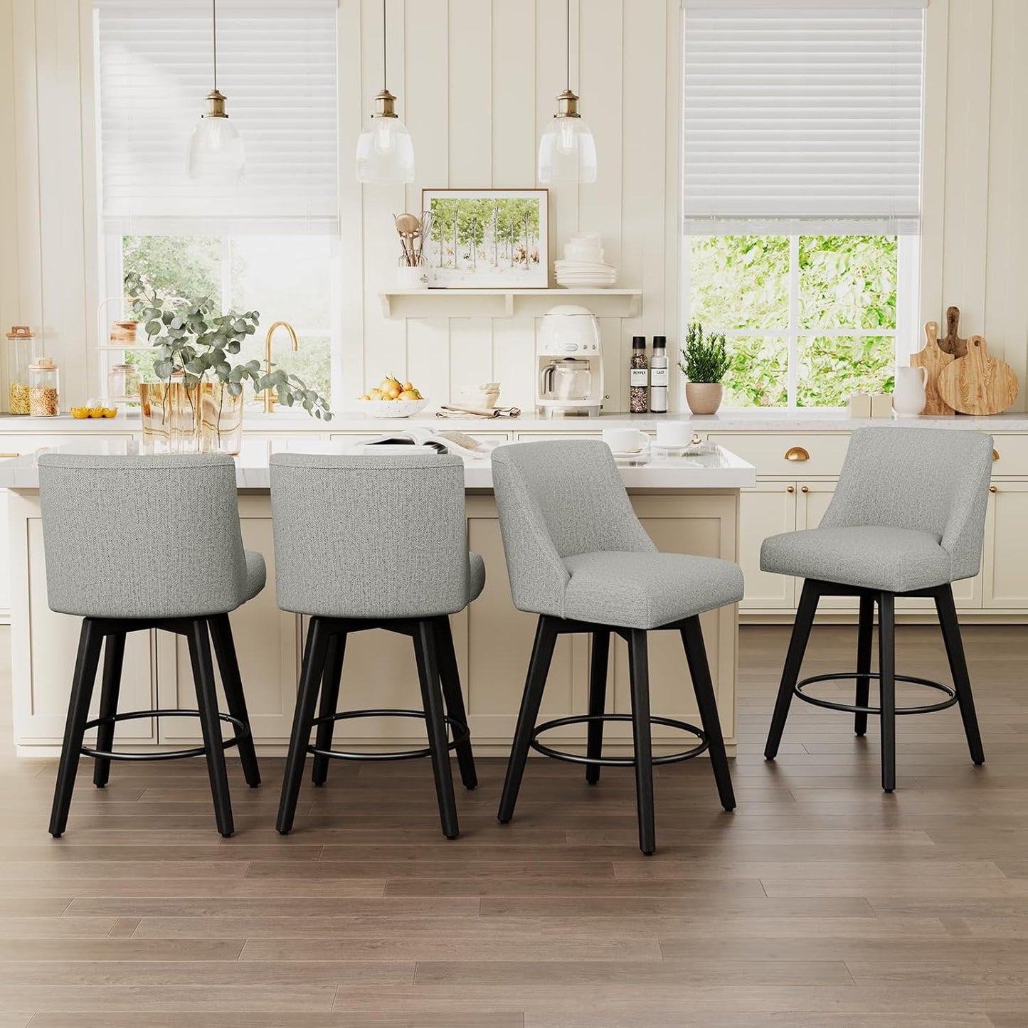 Vipbear Swivel Counter Height Bar Stools Set of 2,26.8" H Counter Stools with Back, Mid Century Modern Bar Stools for Kitchen Island,Linen Fabric,Wooden Base, Light Gray