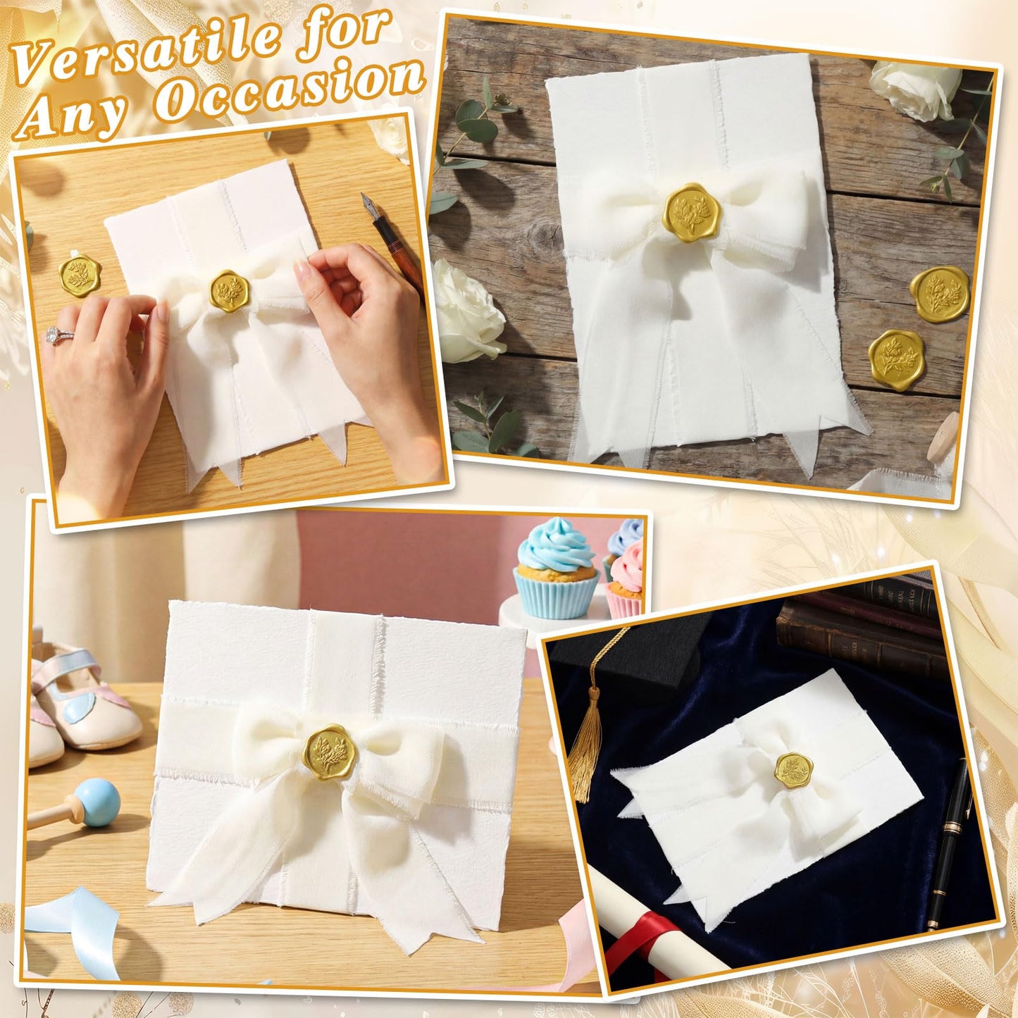 Prudiut 50 Sets Wedding Invitation Kit, 5x7 Handmade Paper, 300GSM Watercolor Paper, Self Adhesive Gold Wax Seal Stickers and 10 Rolls Chiffon Ribbon for Wedding Invitations Cards Craft DIY