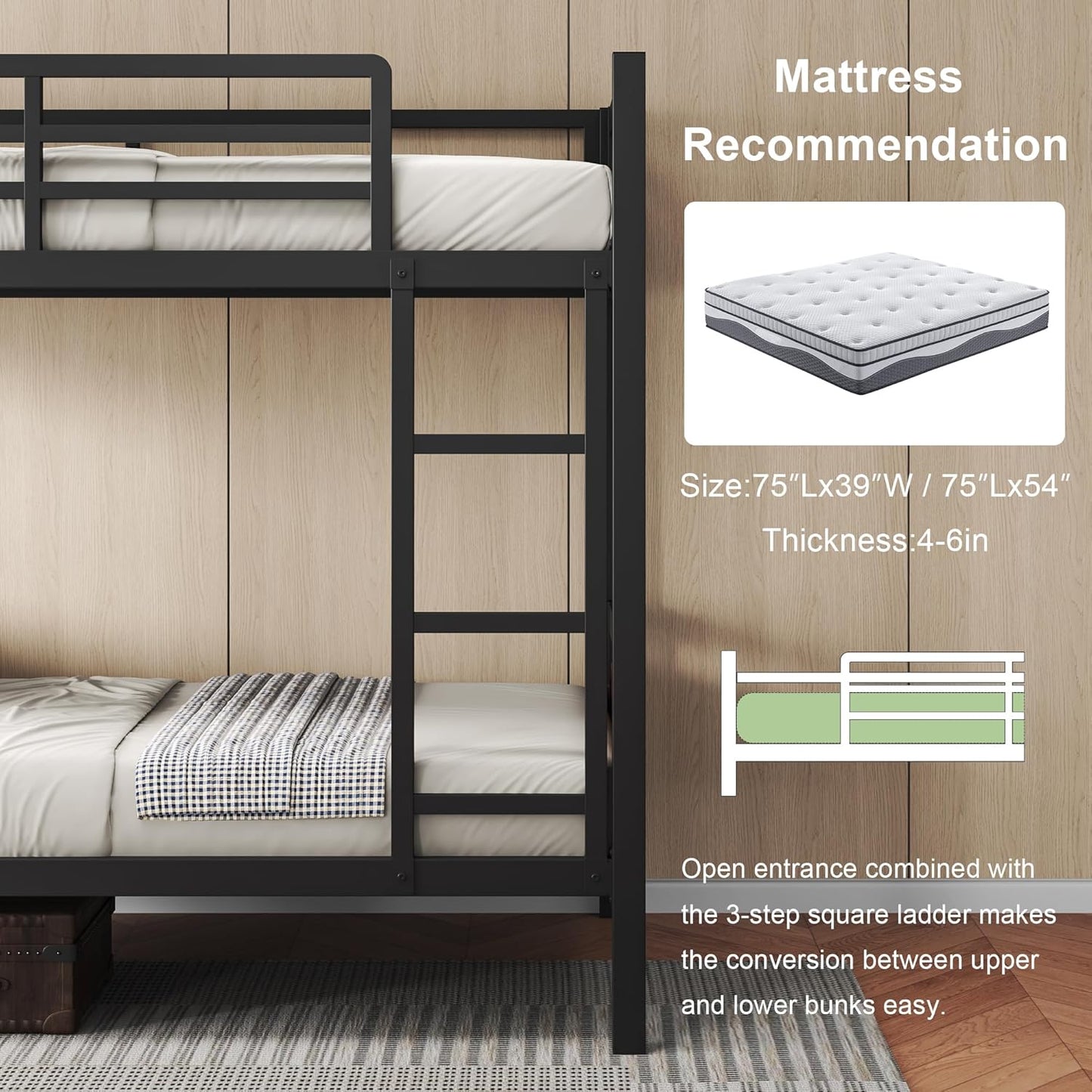Feonase Metal Bunk Bed Twin Over Twin with Ladder and High Guardrail, Heavy-Duty Metal Slats Support, Noise Free, No Box Spring Needed, for Kids and Juniors, Vintage