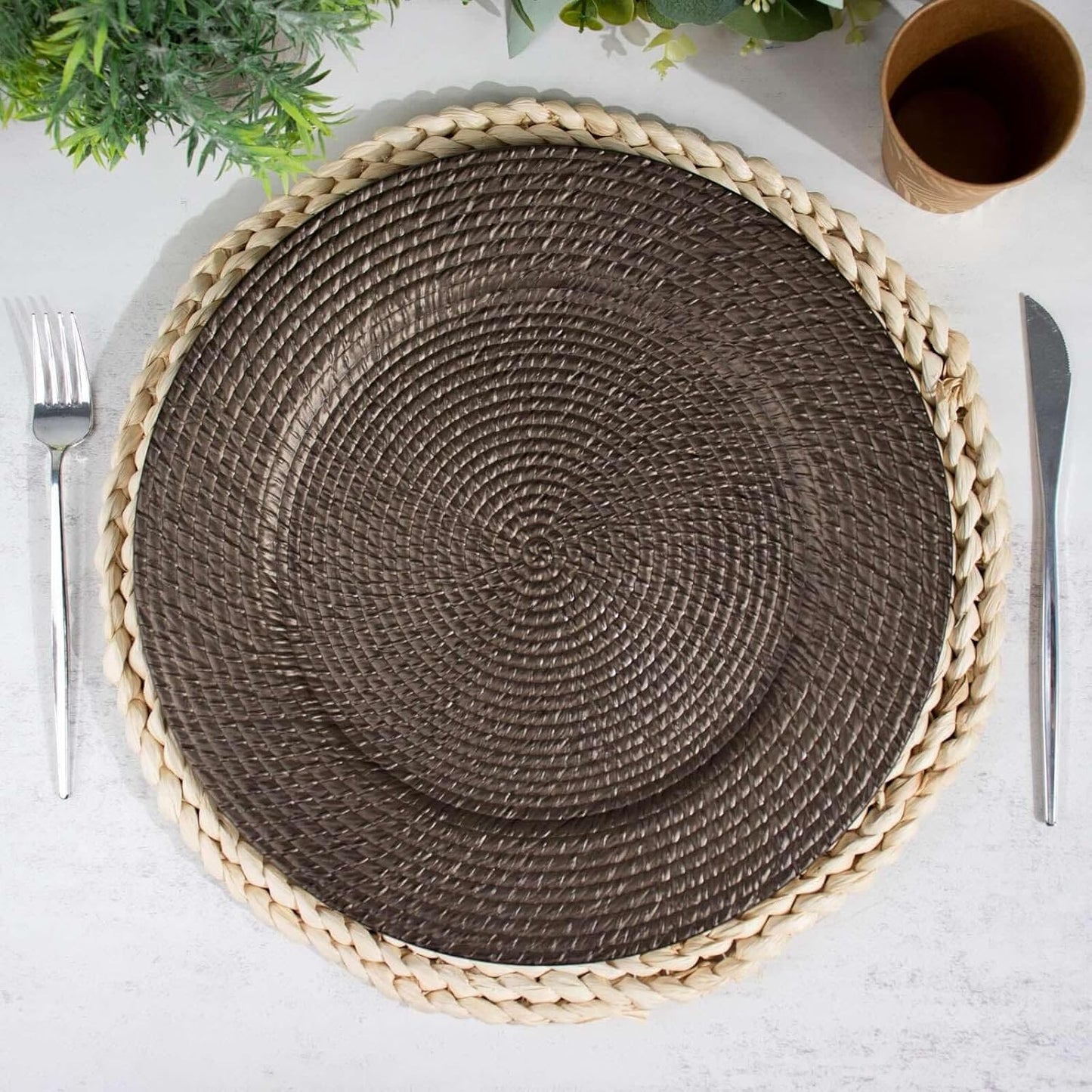 Efavormart 6 Pack | 13" Natural Brown Acrylic Plastic Rattan-Like Charger Plates, Round Disposable Dinner Serving Plates