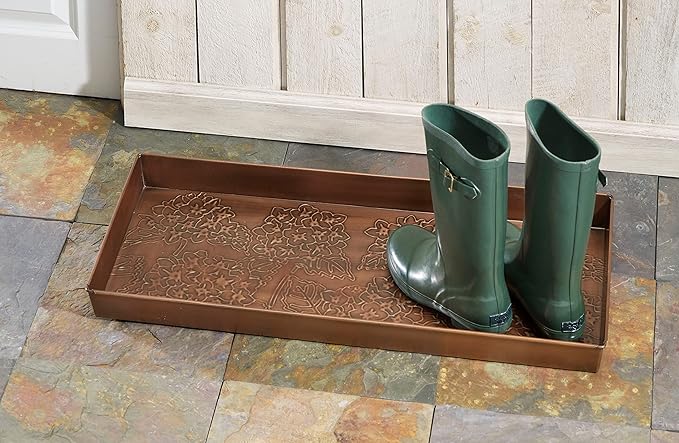 HF by LT Mophead Hydrangea Pattern Metal Boot-Tray, 30 x 13 inches, Antique Copper