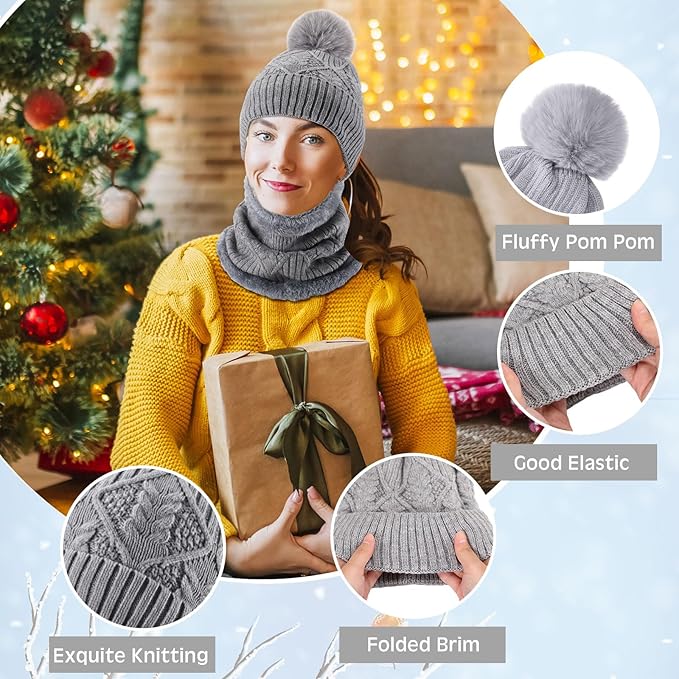 SATINIOR 5 Pcs Winter Hat Scarf Gloves Set Fleece Lined Knit Beanie Hat Warm Touch Screen Gloves Earmuff Warmer for Women(Grey,Chic Style)