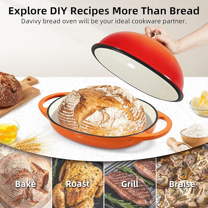 Davivy 6QT Oval Sourdough Bread Dutch Oven with Silicone Oven Mitts, Cast Iron Bread Pan Sourdough Pan with Lid, Enameled Cast Iron Bread Cloche Dutch Oven- Flame Orange