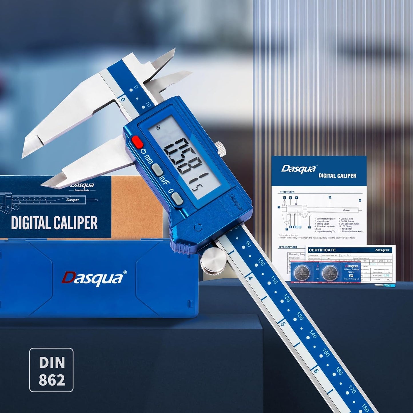 Dasqua Digital Caliper 8", IP54 Stainless Steel Water Resistant Caliper with Large LCD Display and Storage Case, Easy Switch Between Inch/Metric/Fraction, Accuracy 0.001'', Precision Measuring Tool