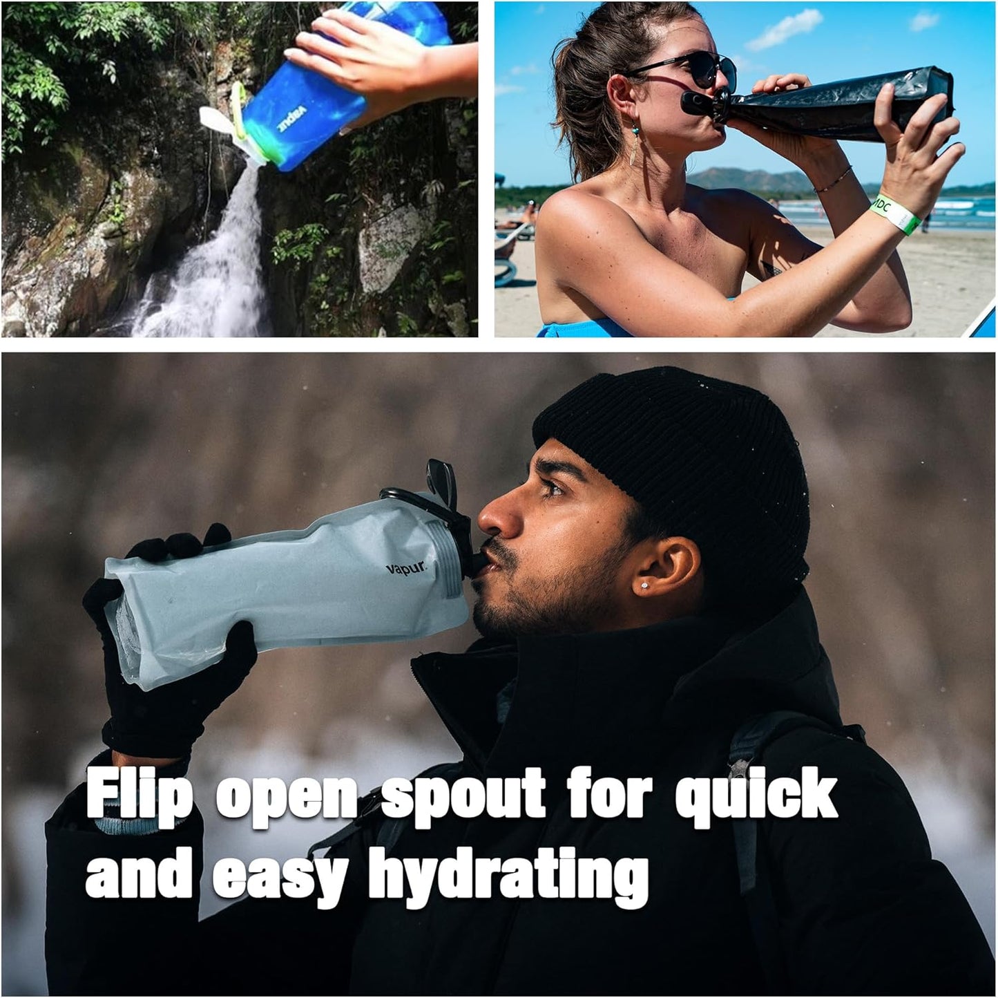 Vapur Collapsible Water Bottle With Carabiner, Compact Bottle Folds Flat For Hydration On The Go, Ideal for Traveling, Hiking or Camping, 23 Ounce, Fire, Pack of 1