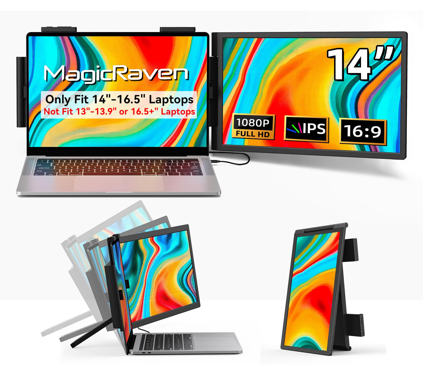 MAGICRAVEN Laptop Screen Extender, 14 1080P IPS Portable Monitor Travel Monitor for 14-16.5 Laptops with USB-C/HDMI Port, Plug a