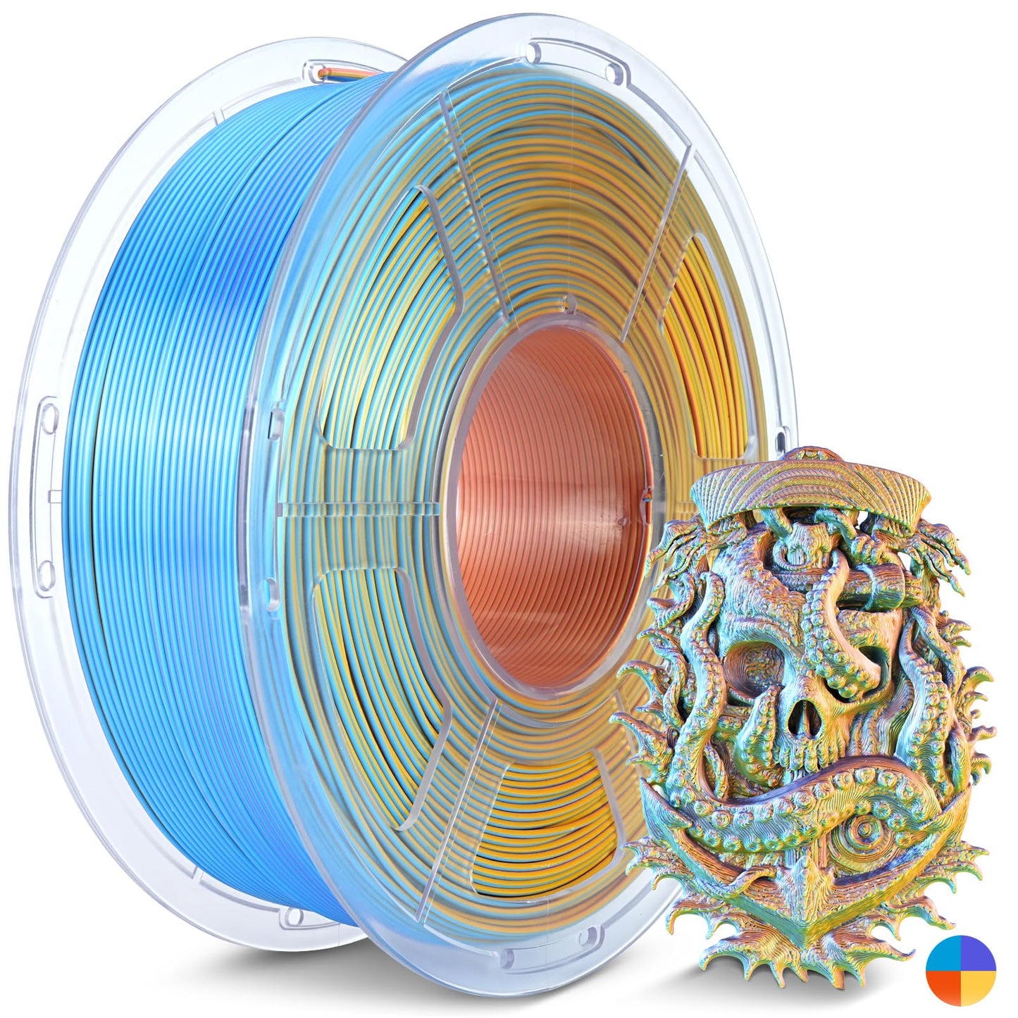 JAYO Silk Quad-Color PLA Filament 1.75mm Blue-Purple-Orange-Yellow 1.1kg, Four-Color Gradient PLA, High Gloss Shine, Smooth Laye