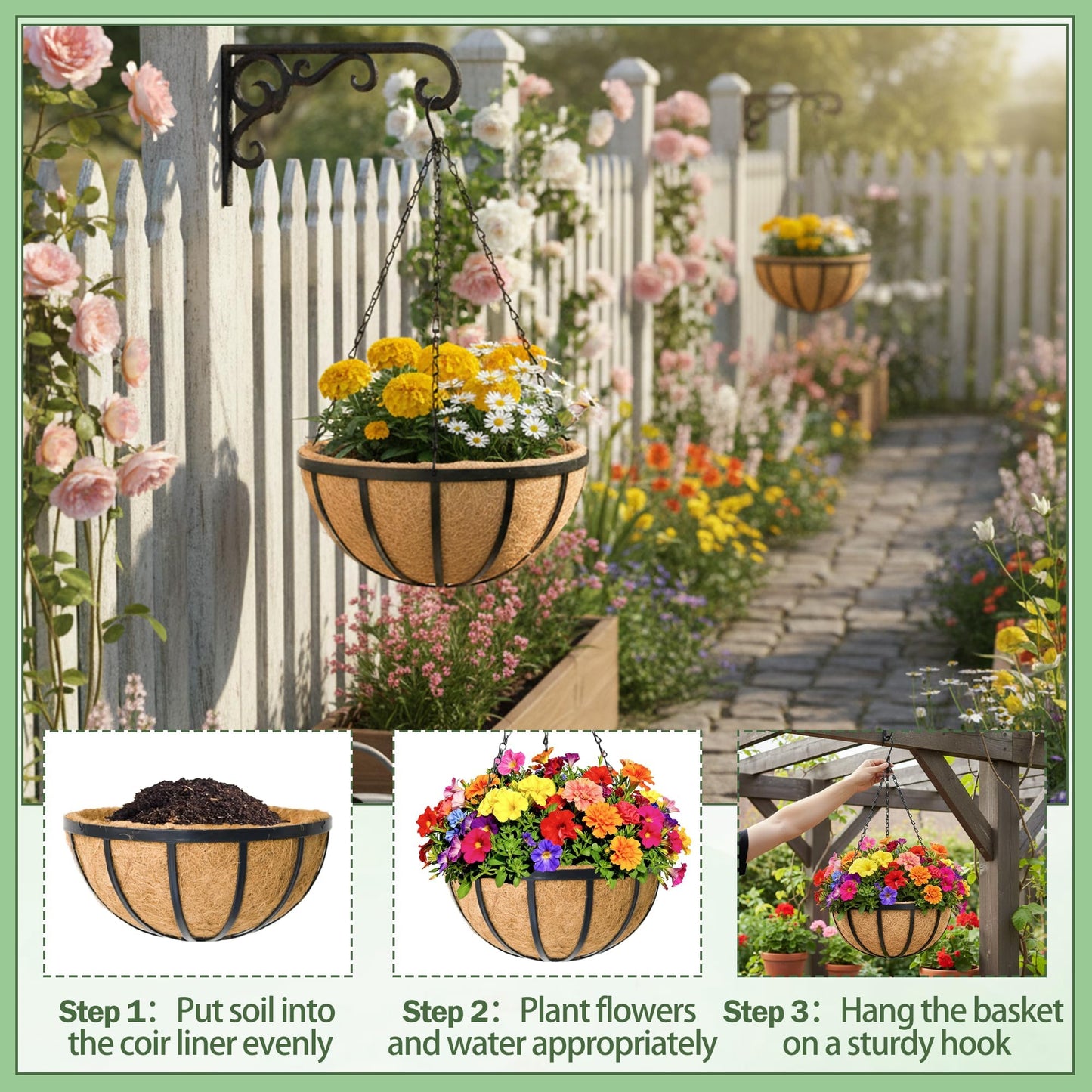KIDYBELL 2 Pack 12 Inch Round Hanging Basket with Coco Liners, Metal Hanging Baskets for Plants Outdoor, Hanging Planter with Chain Garden Products for Outdoor, Porch, Lawn, Garden
