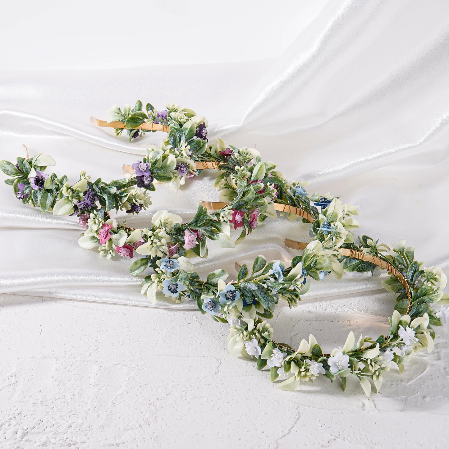 KorViSHOW Fairy Flower Crown Headband - Handmade Forest Floral Headpiece Eucalyptus Purple Flower Headwear Renaissance Hair Accessories for Women Girls Bridal Wedding Festival Cosplay Headdress