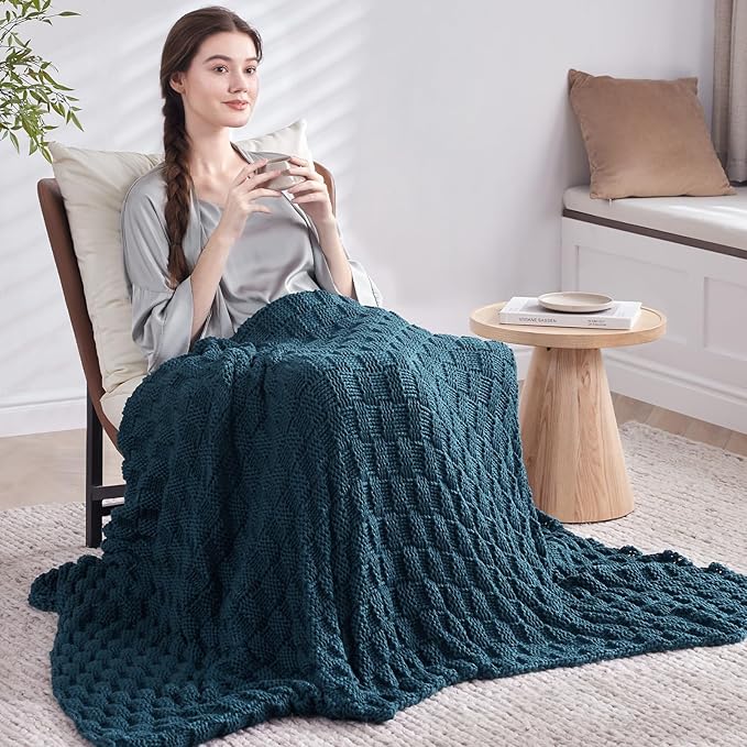 Knitted Weighted Blanket for Adult, No Beads Heavy Blanket 60” x 80'' 12lbs, Breathable Chunky Knit Blanket, Cooling Weighted Blanket for Hot Sleepers, Christmas Home Decor (Peacock Blue)