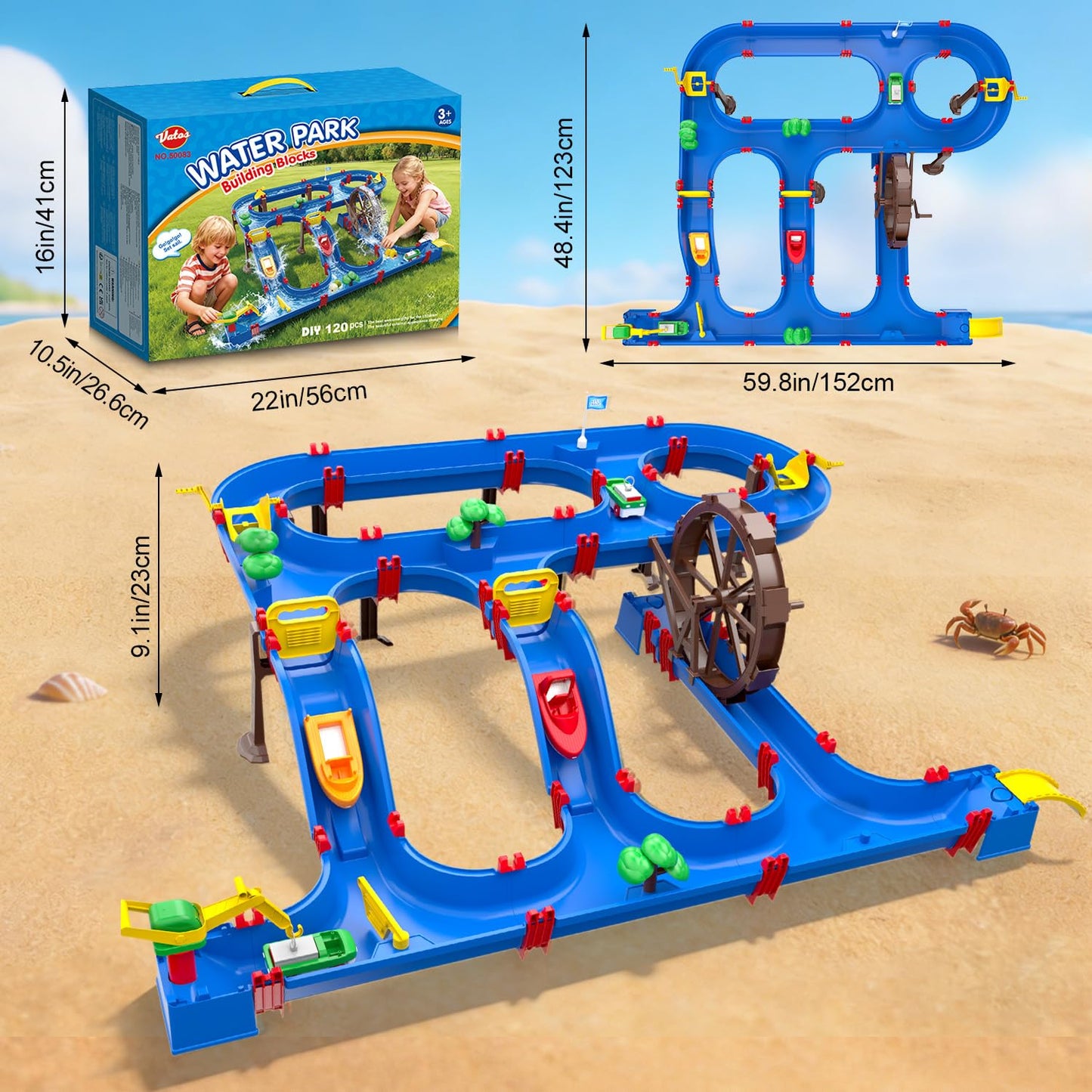 VATOS Double-Tier Watermill Summer Toy, 120 PCS DIY Water Table Toys for Kids, Girls, Boys 4-6 Years, Outdoor Water Toys Backyard, Beach, Balcony, Garden Fun Water Playset for Kids Pets