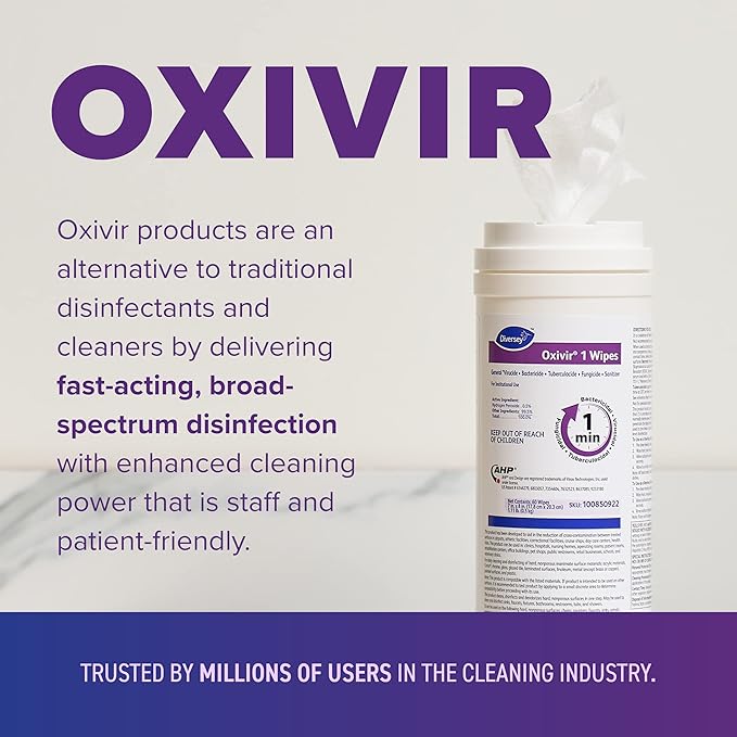 Oxivir Diversey 1 100850922 Disinfectant Cleaning Wipes, Pre-Moistened with Accelerated Hydrogen Peroxide AHP, Unscented, 60 Medium 7x8-Inch Wipes, 1-Slim Canister