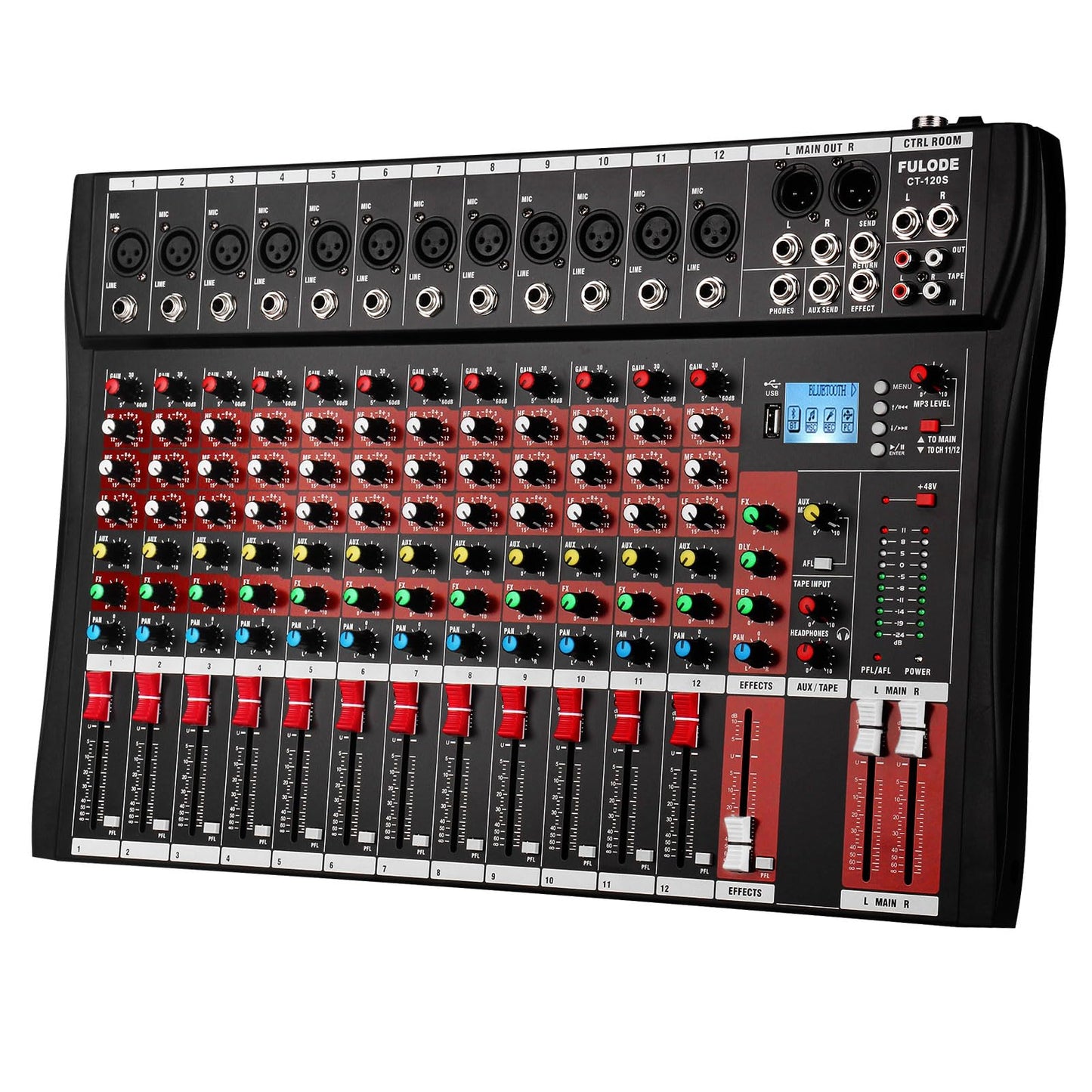 FULUODE 12 Channel Mixer Audio Console, CT-120S Professional Music Mixer DJ Mixing Board with Reverb Bluetooth MP3 Player 48V Ph