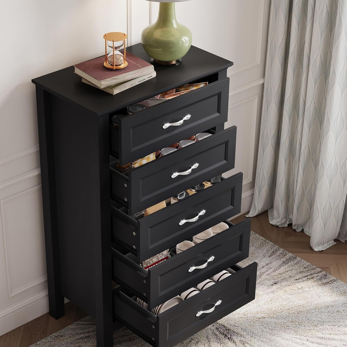 LINSY HOME Tall Dresser for Bedroom with 5 Drawers, 45" Tall Dressers & Chests of Drawers, Modern Farmhouse Large Vertical Dresser with Wood Legs for Bedroom, Closet, Living Room, Hallway, Black