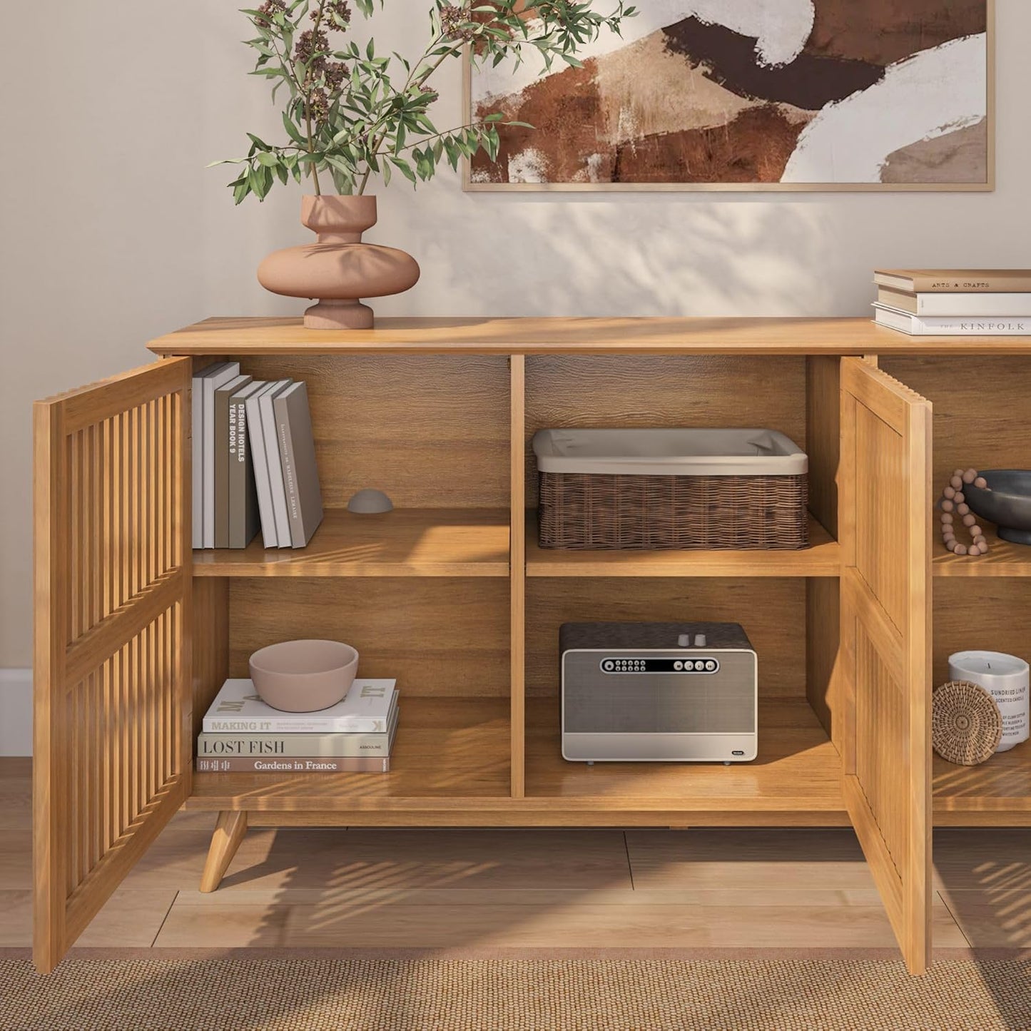 Plank+Beam Mid-Century Modern Wood TV Stand, Three Door Solid Wood Entertainment Console with Storage, 59" L x 16" W x 30" H, Pecan