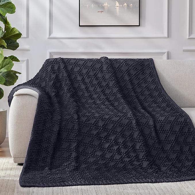 Knitted Weighted Blanket for Adult, Chunky Knit Weighted Throw for Sleep 48"*72" 12lbs, Cooling Breathable Heavy Blanket for Hot Sleepers, Machine Washable Blanket for Room Decor(Dark Grey)