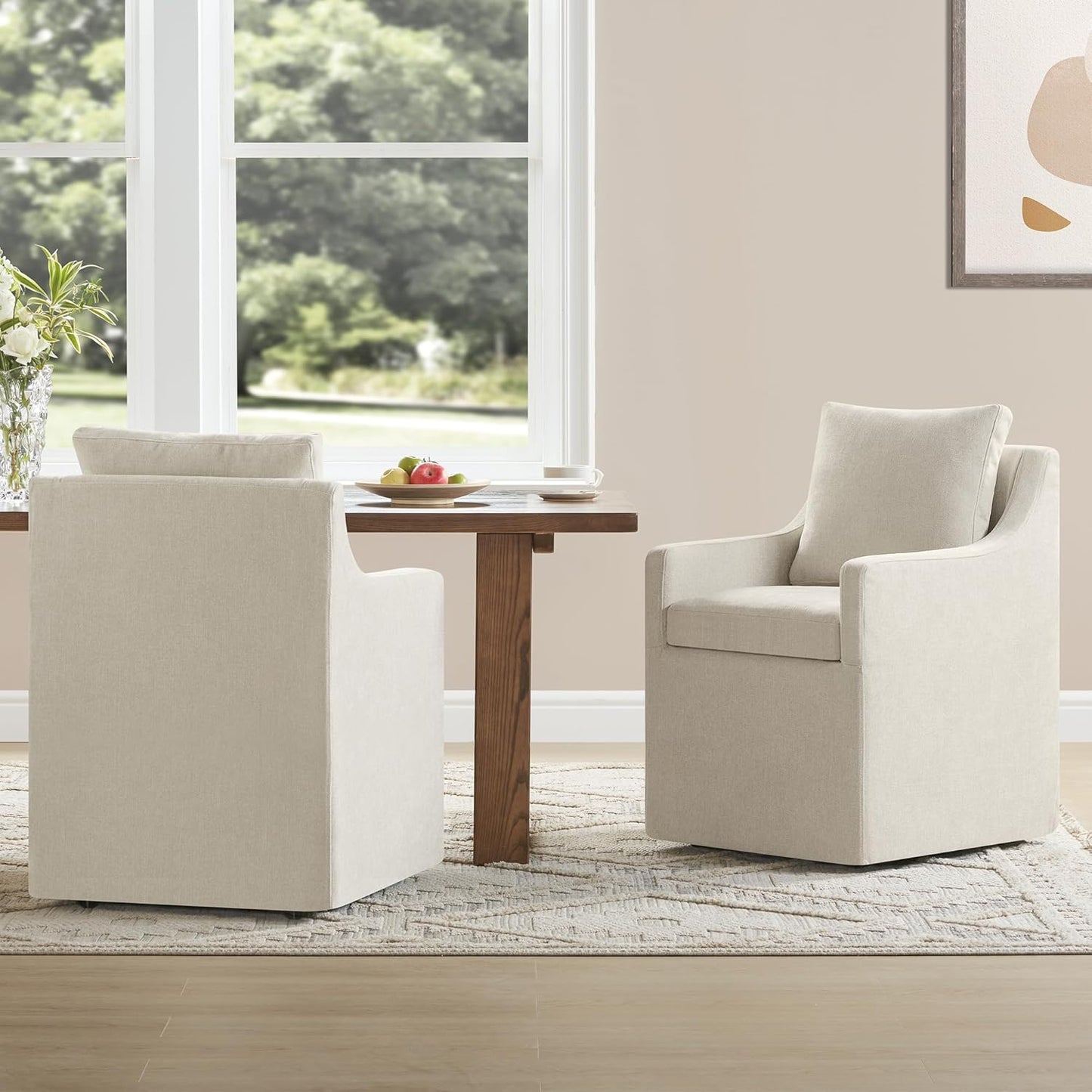 Upholstered Dining Chairs with Casters Washable Cover Side Deskchair with Rollers for Diningroom, Living Room, Cream Beige, 1 Box