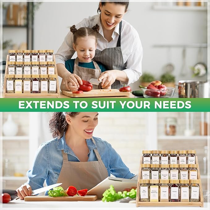 Spice Rack - 3-Tier Bamboo Spice Racks,Spice Rack Solves Cluttered Spices in Kitchens, Cabinets, Pantries, and More