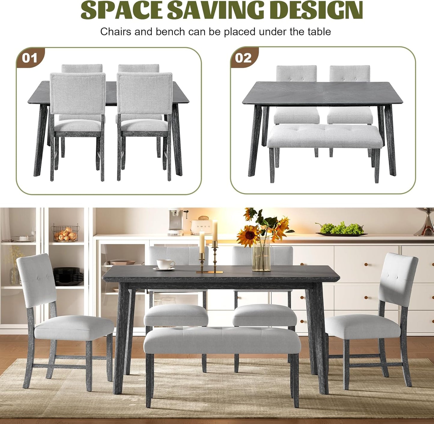 Merax 6 Piece Solid Wood Dining Table Set for 6, Rustic Farmhouse Rectangular with 4 Upholstered Wooden Chairs and 1 Bench, Kitchen Room, Gray